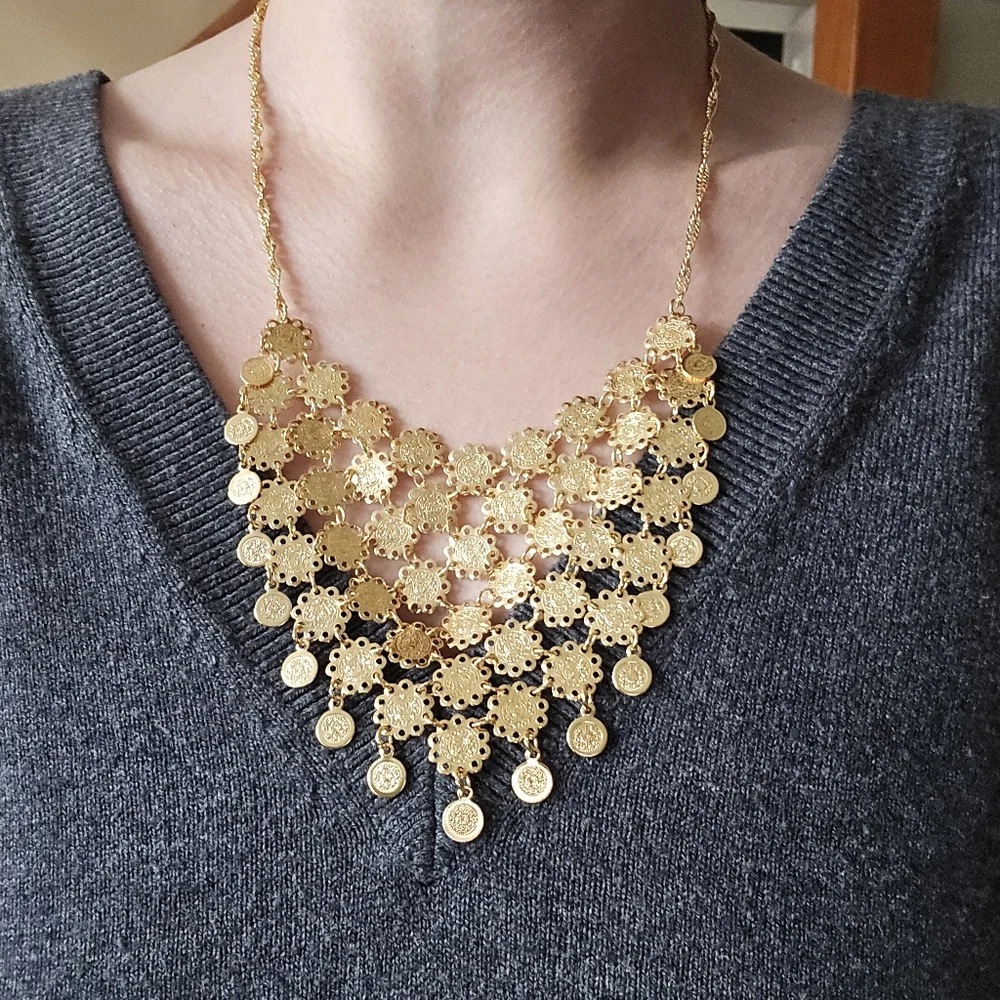Vintage Gold Coin Medallion Bib Statement Necklace